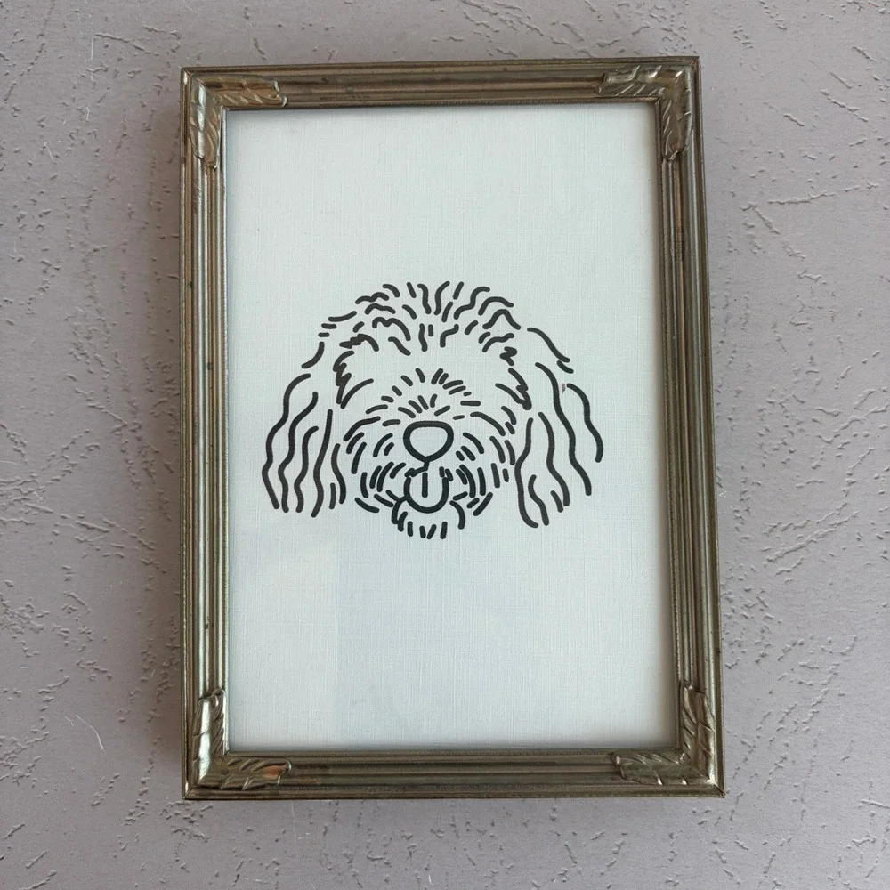 Vintage Brass Frame Goldendoodle Dog Line Art Portrait Minimalist Decor 5x7
